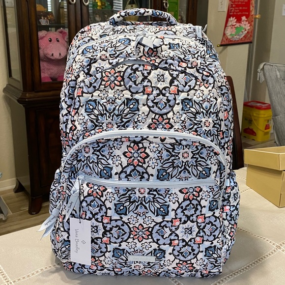 Vera Bradley Handbags - Vera Bradley Light Blue Floral Quilted Backpack with Coral and Navy Accents